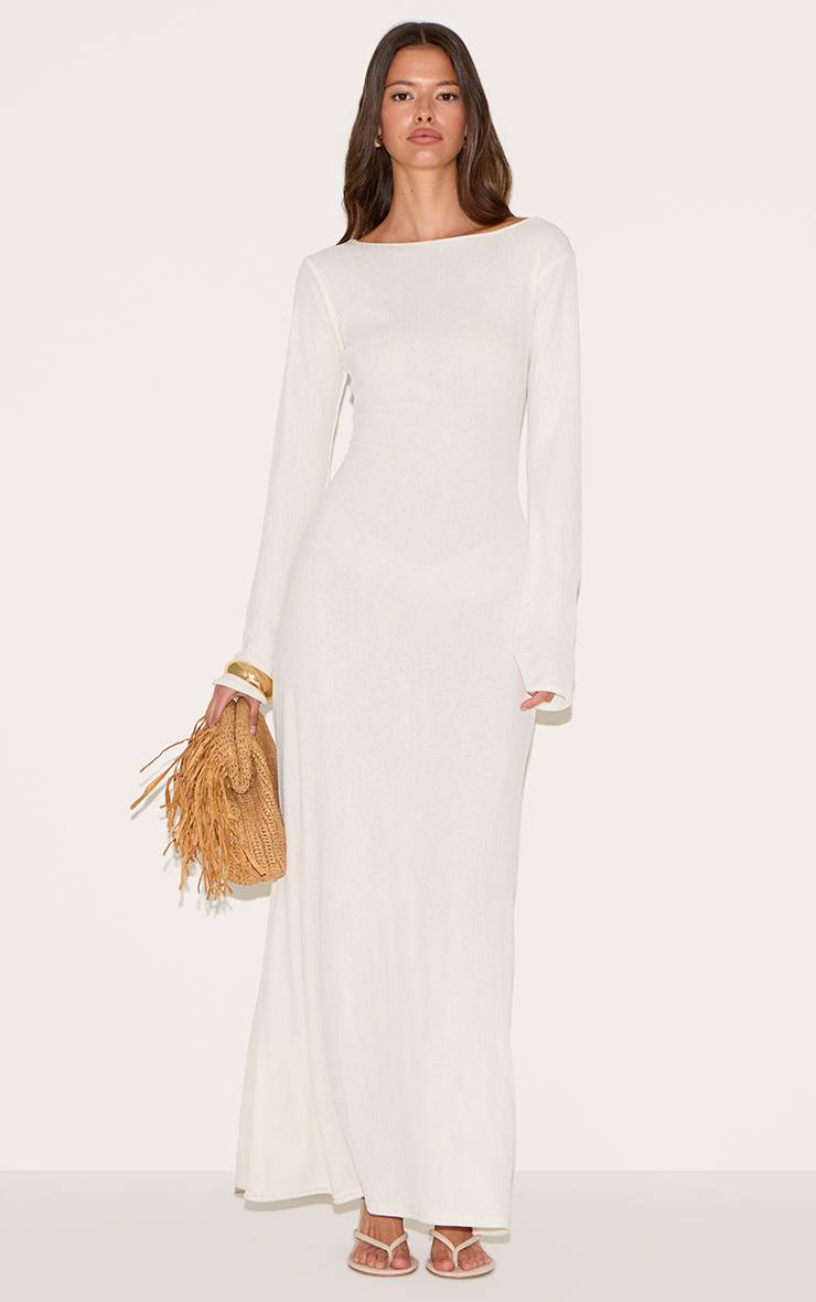 Blanc Robe Maxi Moulante À Manches Longues Col Bateau Texturée