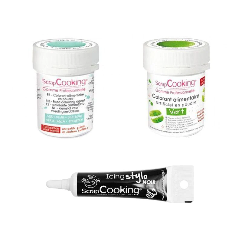 2 colorants alimentaires vert d'eau-vert + Stylo glaçage noir Scrapcoo