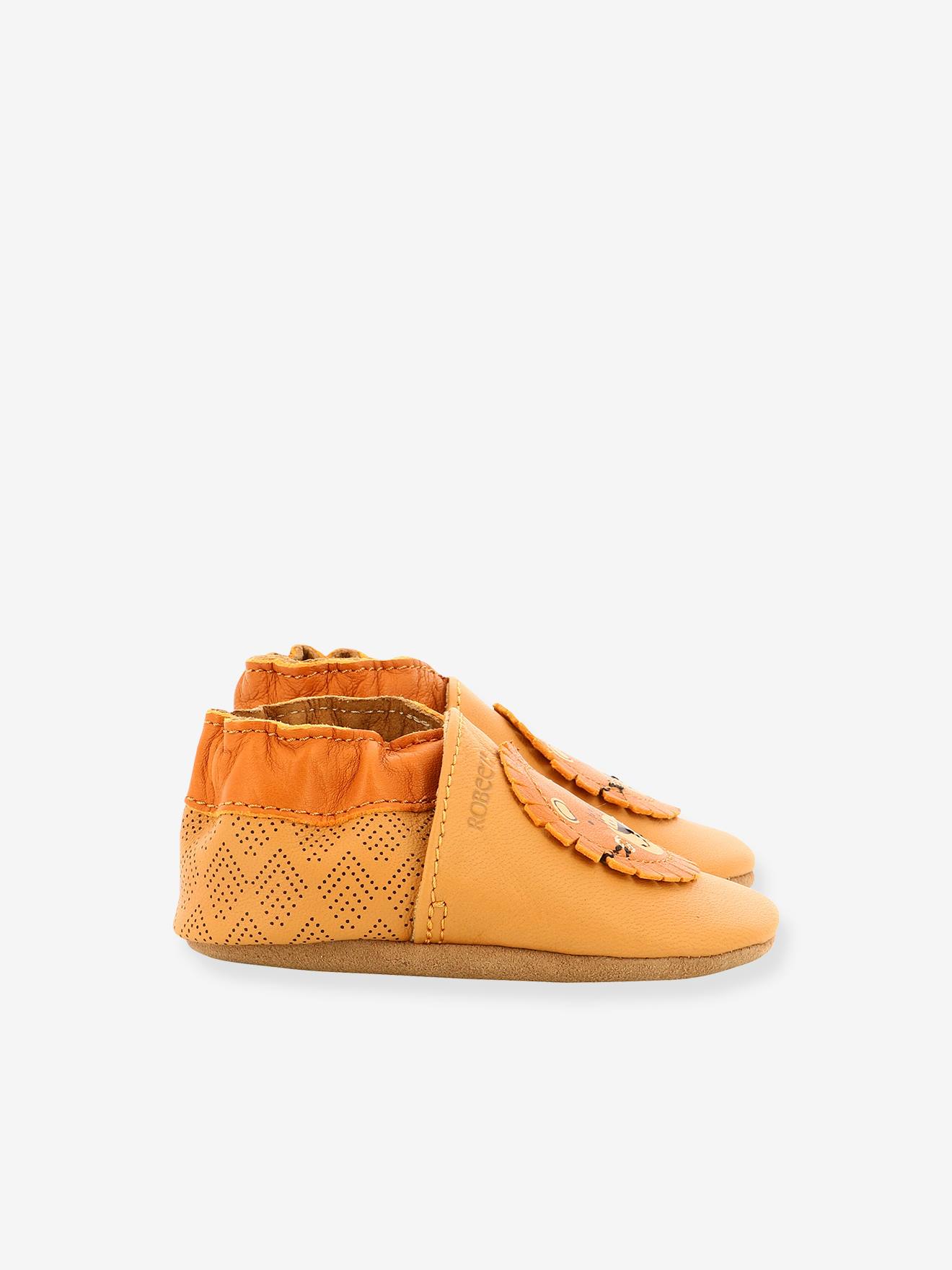 Pantufas de bebê Grooar ROBEEZ© em couro leve, marrom claro liso com estampas.