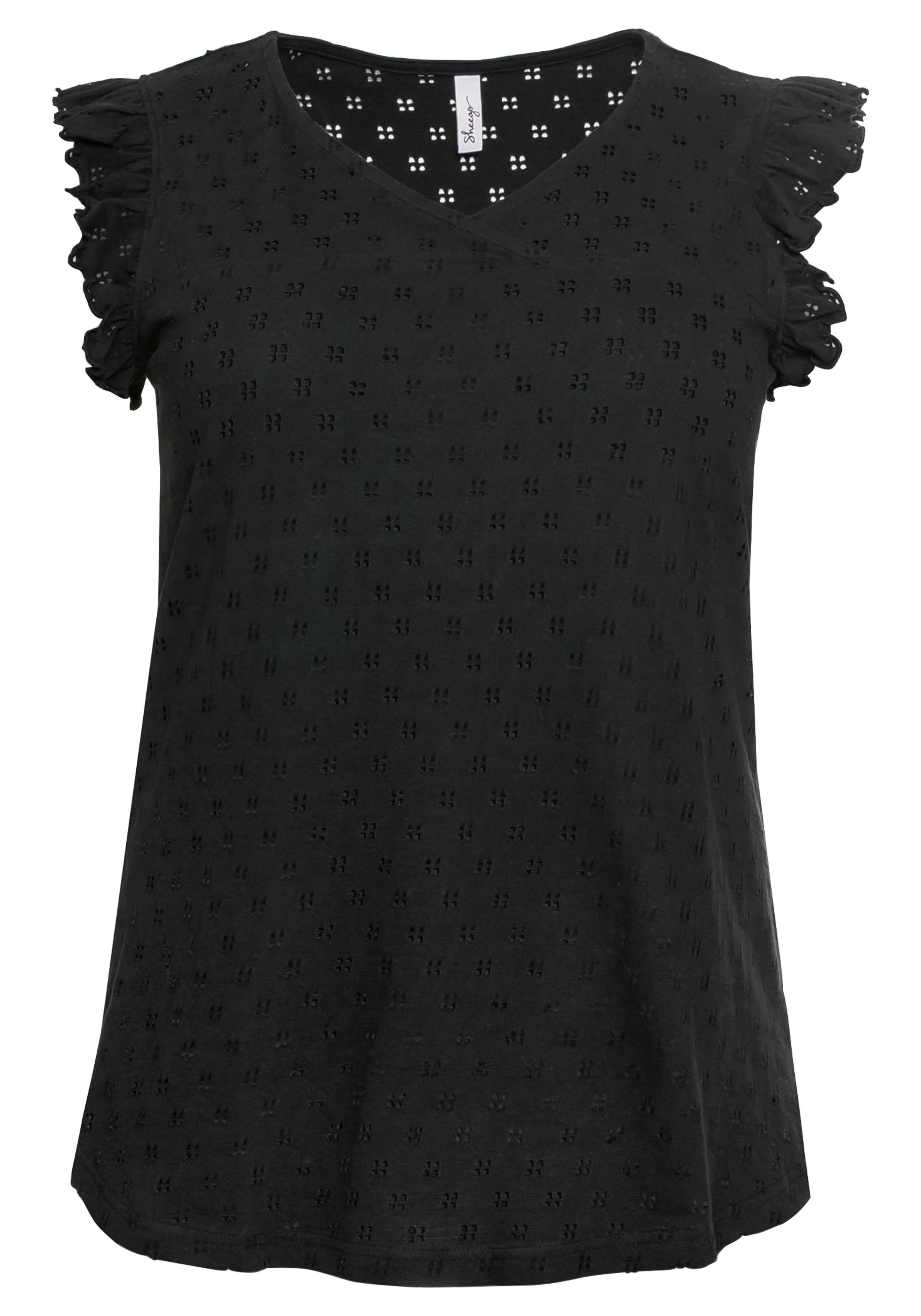Jerseytop mit Lochmuster und Rüschen