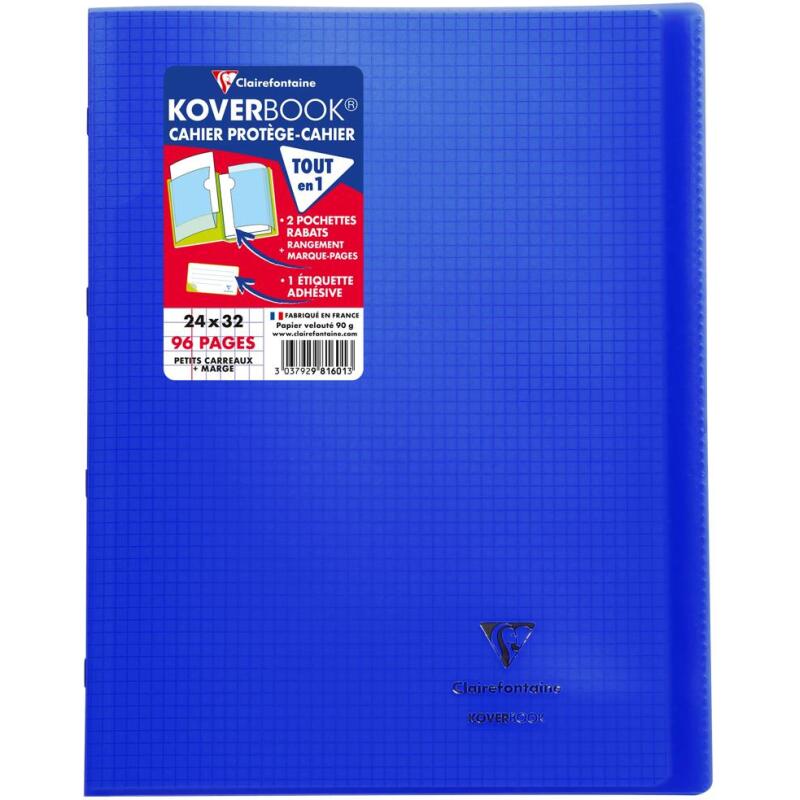 Cahier piqué Koverbook 24x32cm 96 pages petits carreaux + marge couverture polypropylène transparent - Assortis