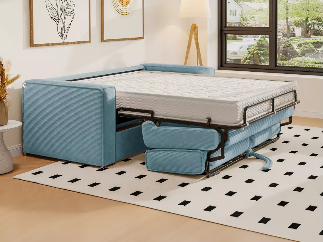 Canapé 3 places convertible express en velours côtelé bleu turquoise - Couchage à lattes larges 140 cm - Matelas 18 cm LORETO