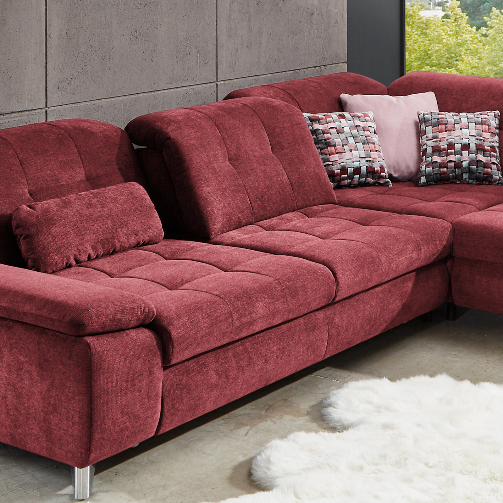 Ecksofa - cherry - Microchenille - Sitztiefenverstellung - Anstellhocker rechts