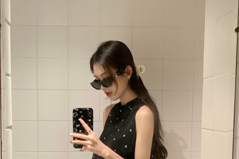 Beem - Mock Neck Dotted Crop Tank Top / Low Rise Mini Pencil Skort