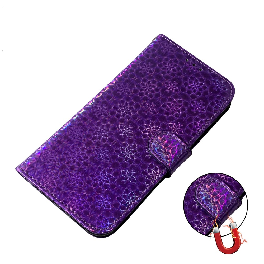 iPhone 13 Pro Leder Tasche Wallet mit Flower Laser Hologramm - Violett