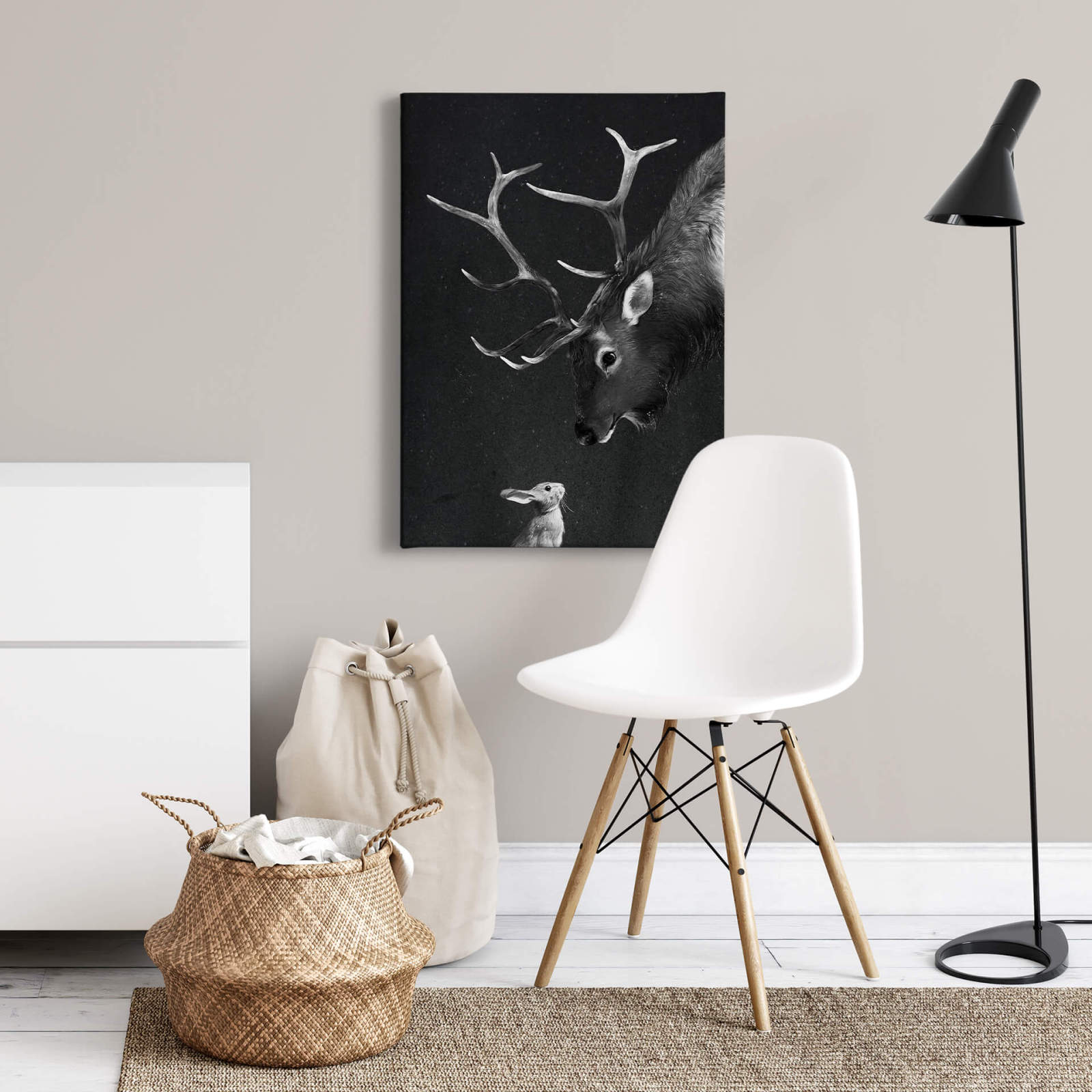 Leinwandbild HASE UND HIRSCH - schwarz-weiß - 50x70 cm
