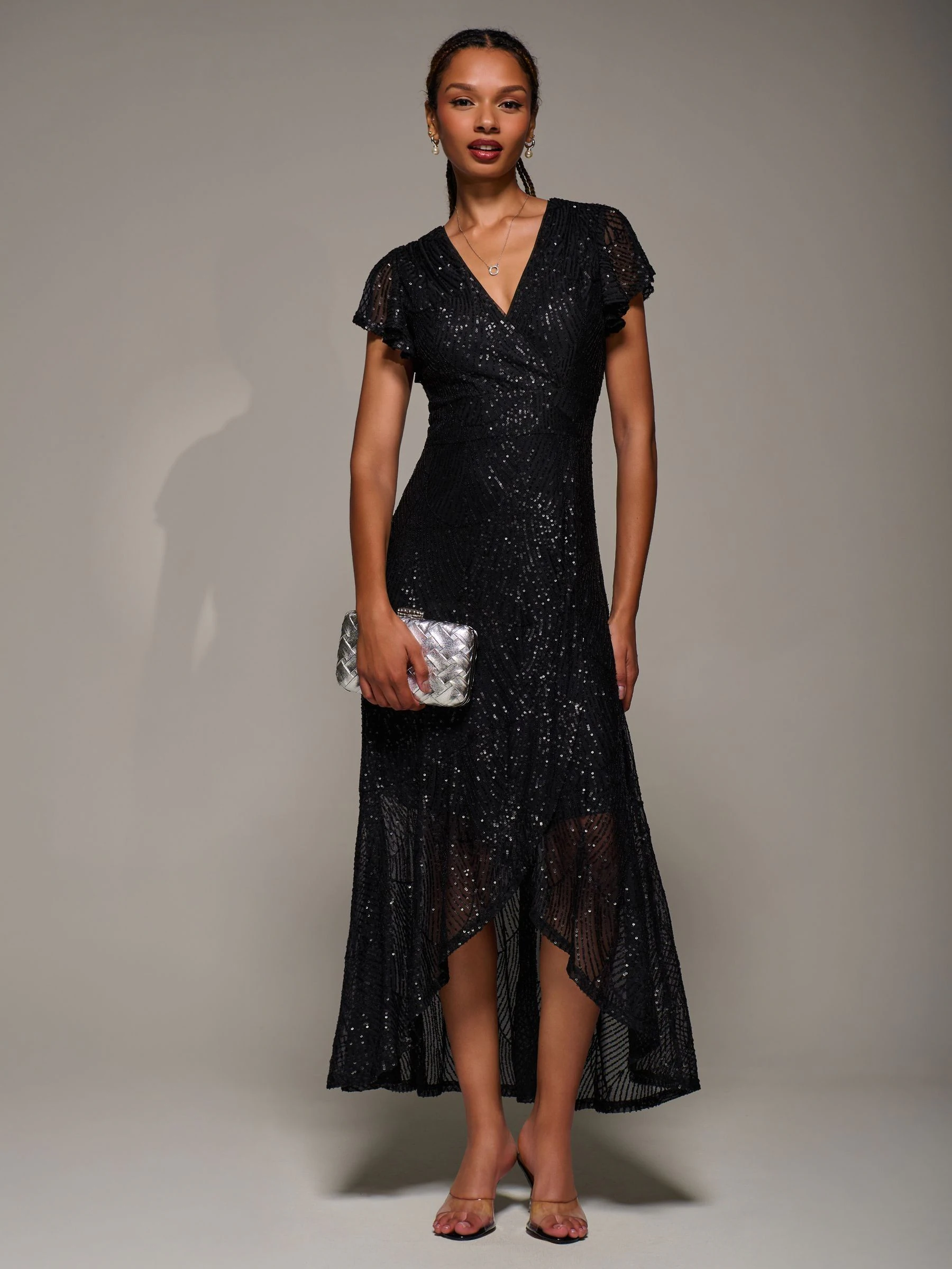 Jolie Moi Frill Short Sleeve Sequin Maxi Dress