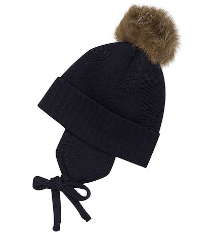 Huttelihut Hue m. ?reflapper - Strik - Uld - Dark Navy m. Kvast