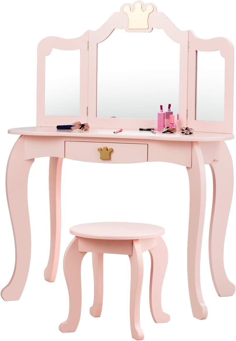 COSTWAY Kinder Schminktisch mit Hocker und Abnehmbarer Spiegel, Mädchen Frisiertisch Holz, Kindertisch mit Schublade, Spiegeltisch 80x42x105cm (Rosa)