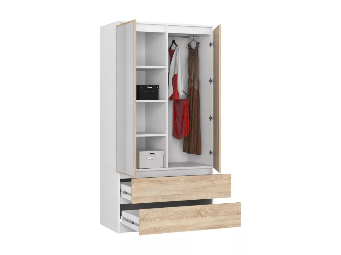 Armoire AKORD S90 avec miroir Blanche 90 cm 2 portes 2 tiroirs façade Chêne Sonoma 4 étagères 90x51x180 cm