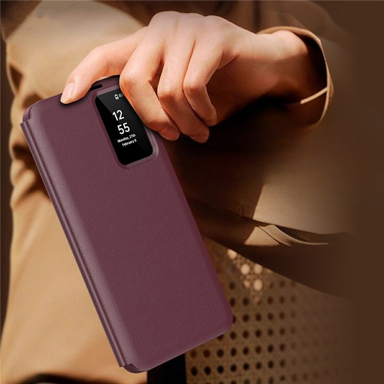 Samsung Galaxy A56 Leder Hülle Small Window View Flip Case Litchi Look - Dunkelrot