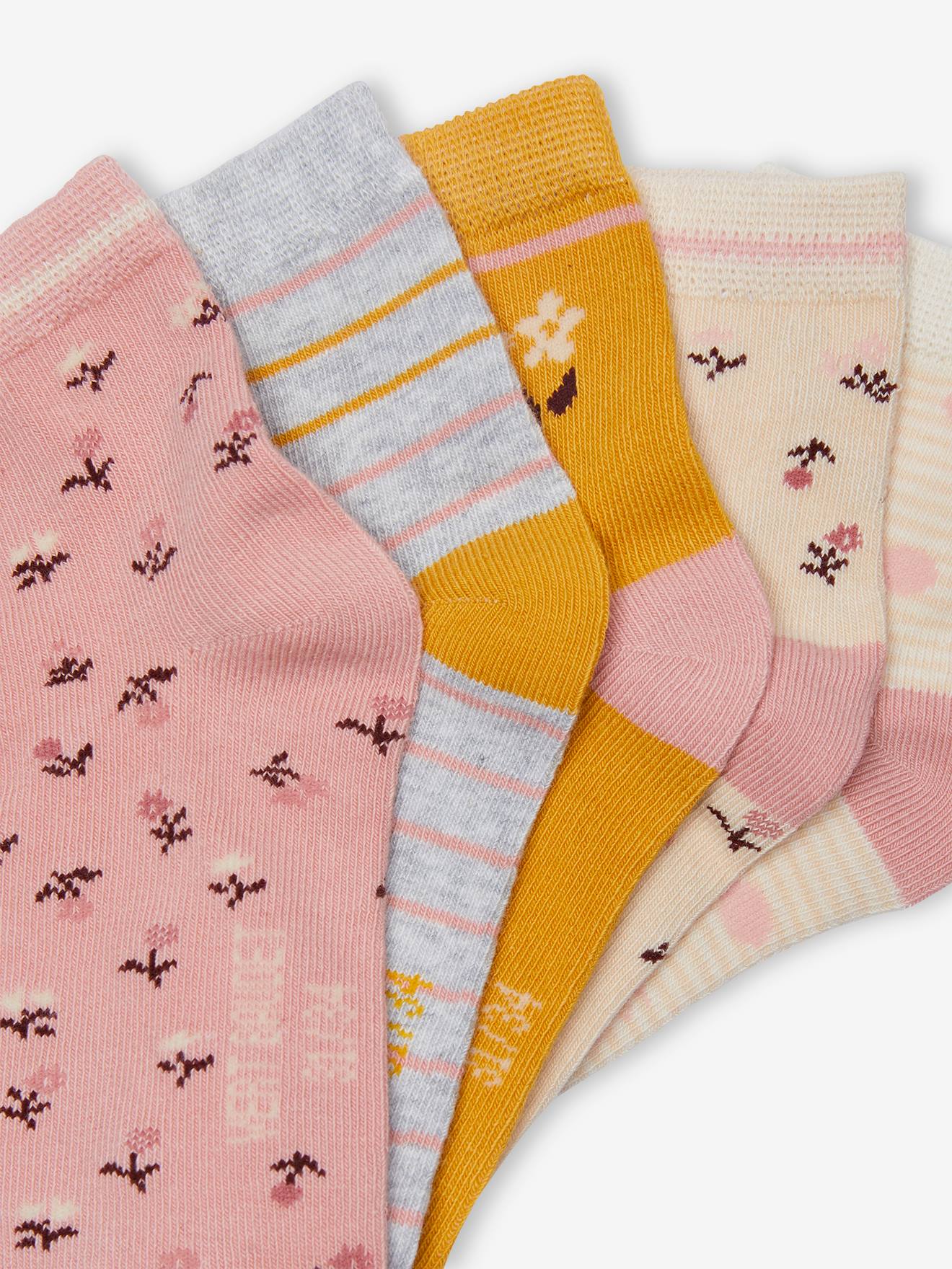 Pacote com 5 pares de meias florais tamanho médio para meninas, rosa antigo