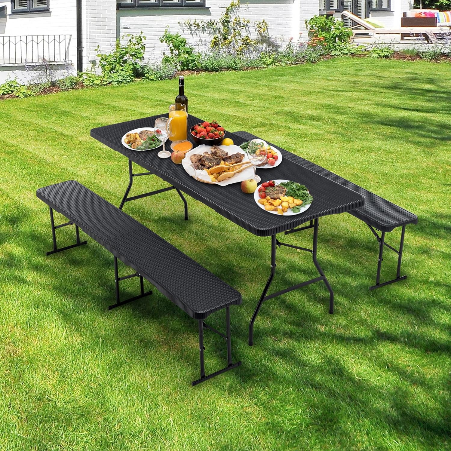 Buffettisch Gartentisch Bierzeltgarnitur Tisch, klappbar 3-teilig Set, 180x70 cm Kunststoff Campingtisch, Rattan-Look für bis zu 8 Personen, robuste wetterfest Biertisch Set, Anthrazit