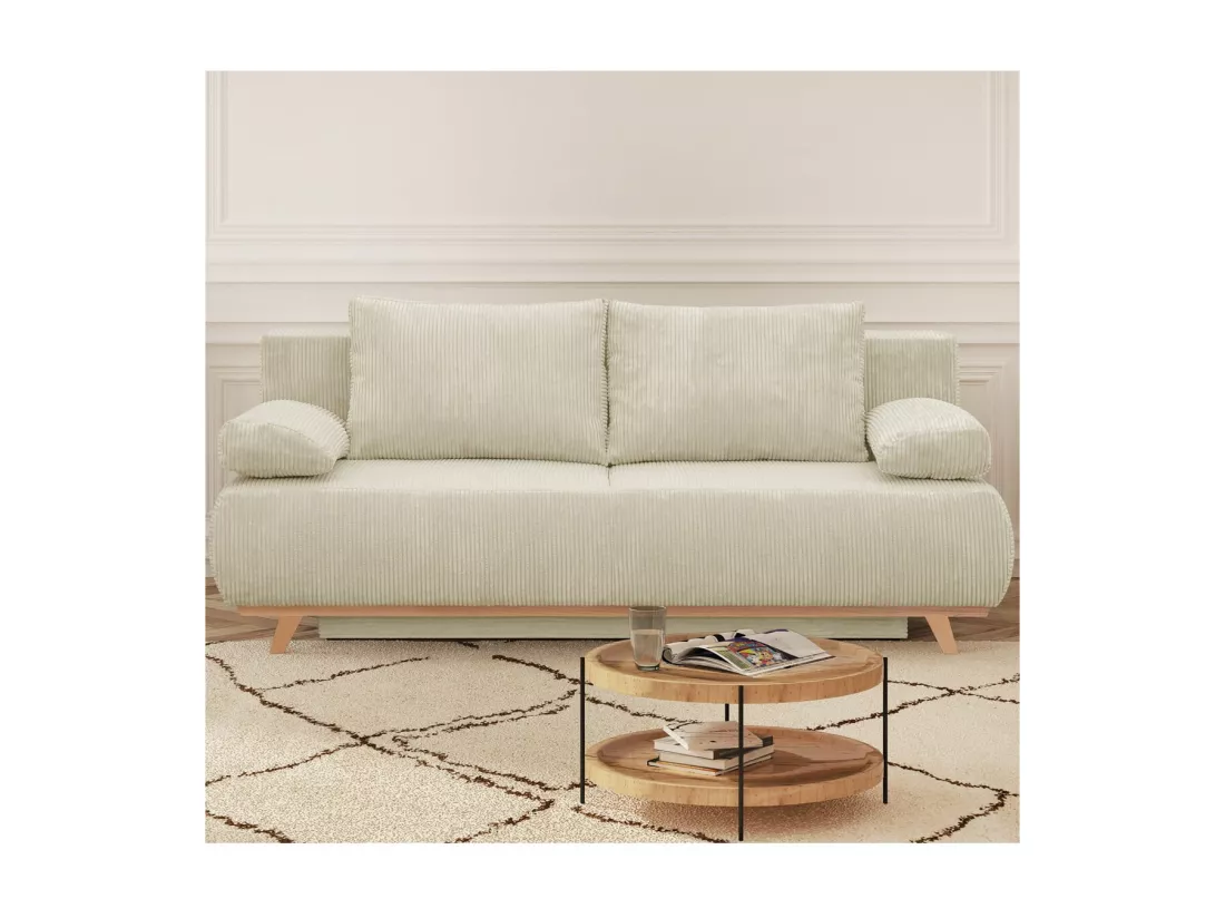 Canapé convertible 3 places avec coffre de rangement en velours côtelé beige - Laria