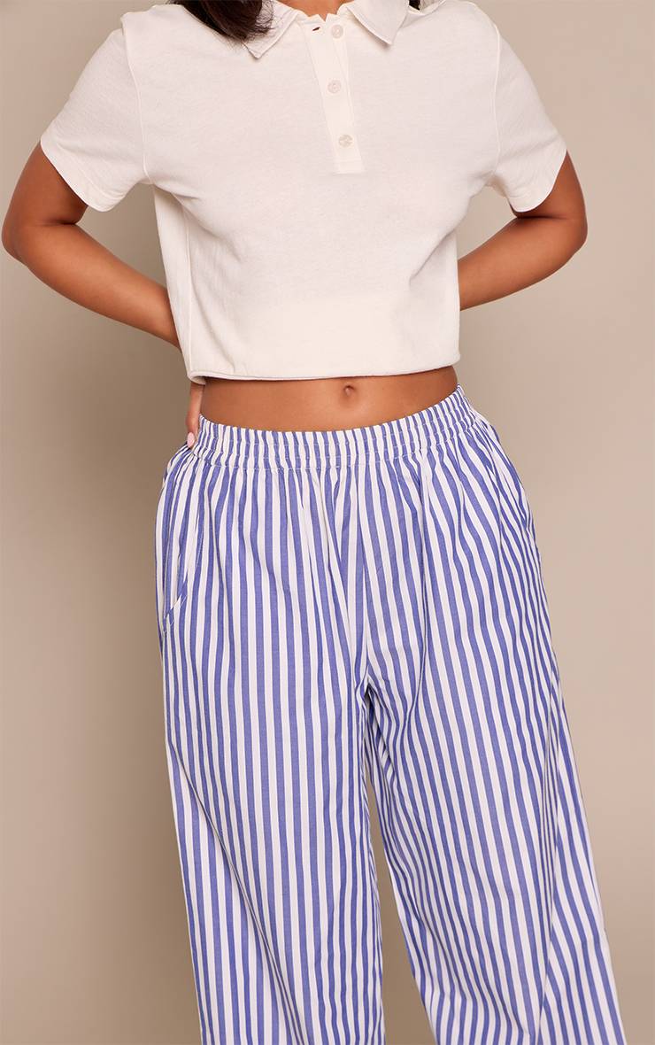Bleu Pantalon Petite Taille Élastiquée Aspect Lin À Rayures