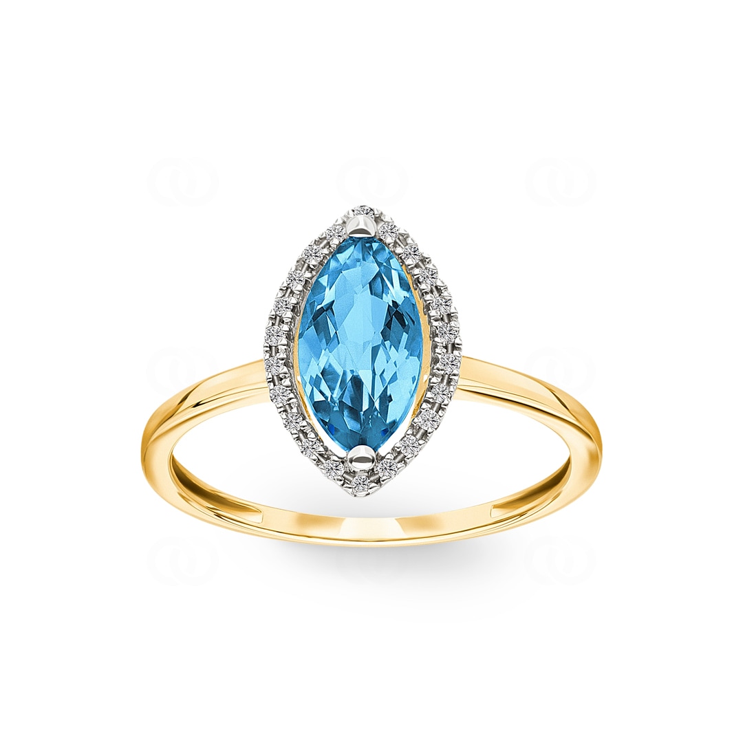Damenring 750/18 K Gelbgold mit Blautopas Marquise und Diamanten 0.06 ct H/si