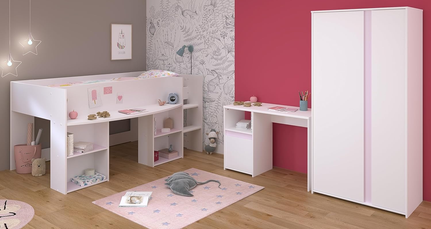 Parisot Jugendzimmer Pirouette 13 3teilig Weiß und Rosa/Kieselgrau mit Kleiderschrank, Hochbett und Schreibtisch…