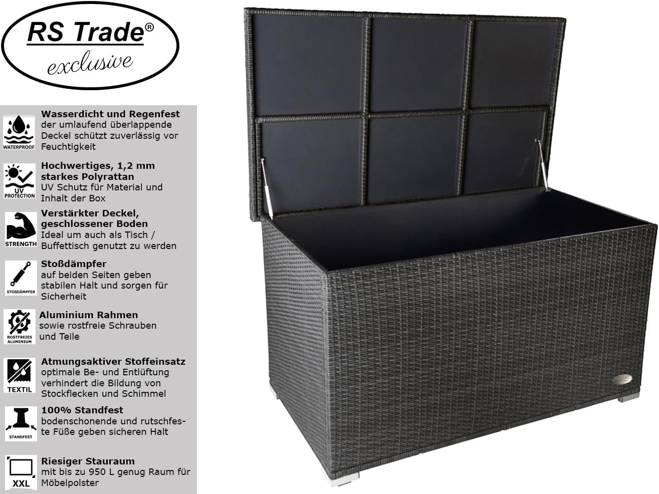 RS Trade® 950 L Poly Rattan Auflagenbox Aufbewahrungsbox Kissenbox wetterfest und wasserdicht 146 x 83 x 80 cm, mit verstärktem Deckel und Gasdruckfedern, auch als Tischplatte geeignet; Silber