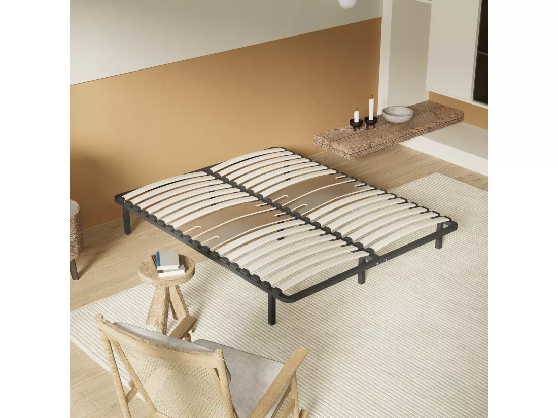Cadre à lattes en bois 90x190 cm – cadre en acier et lattes en bois – 7 pieds hauteur 25cm – renfort lombaire