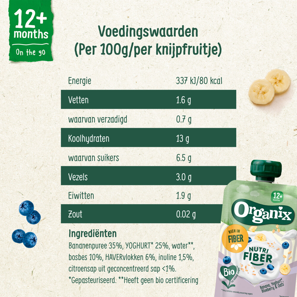 6x Organix Knijpfruit Nutri Fiber Banaan Blauwe Bes Yoghurt 12+m100 gr