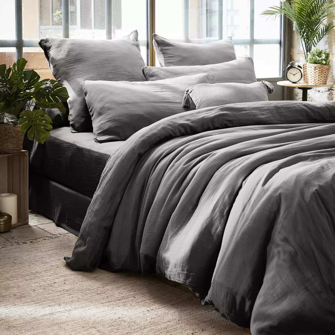 Drap housse gaze de coton (140 x 200 cm) Gaïa Gris granit