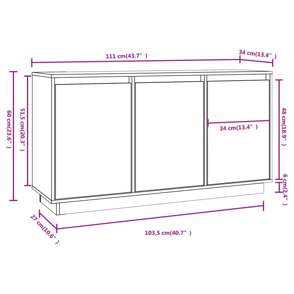vidaXL - Dressoir met 3 deuren - Naturel - Massief grenenhout - 111x34x60 cm