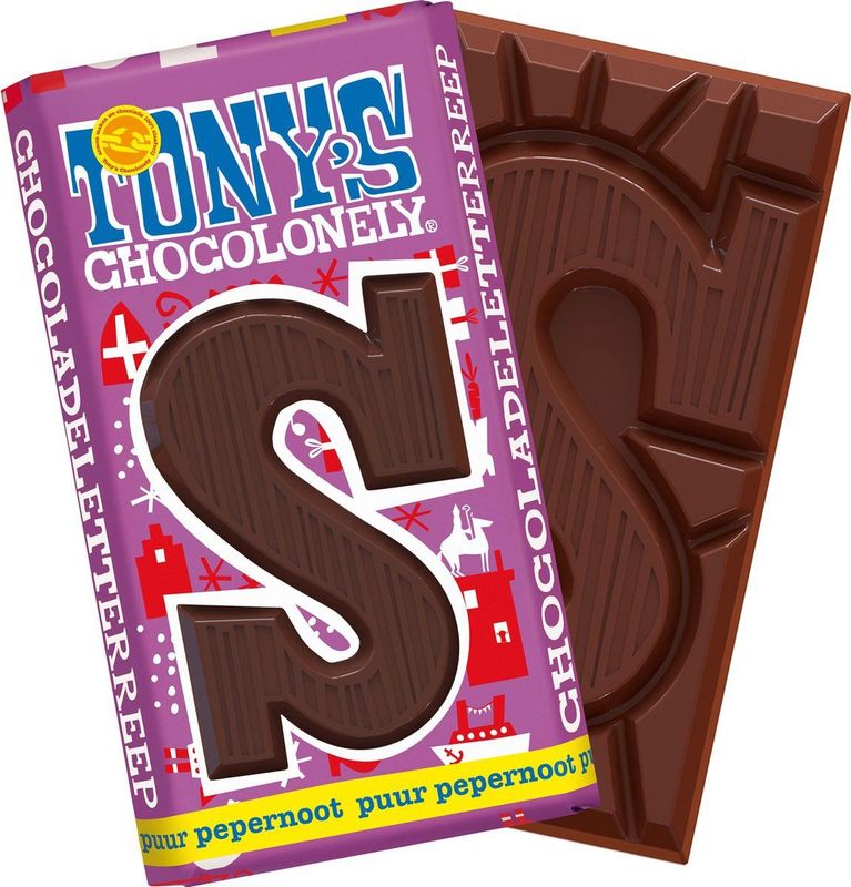 Tony's Chocolonely - Chocoladeletter - Puur Pepernoot - 180 Gram - Fairtrade Belgische Chocola