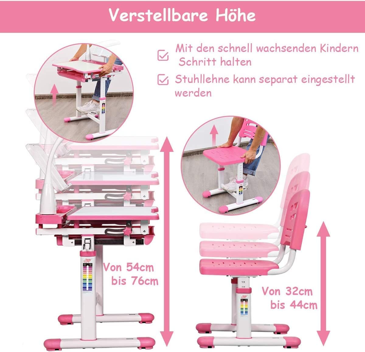 COSTWAY Kinderschreibtisch höhenverstellbar, Schülerschreibtisch mit Lampe, Kindermöbel neigungsverstellbar, Kindertisch mit Stuhl, Schreibtisch mit Schublade, Farbewahl (Hellrosa)