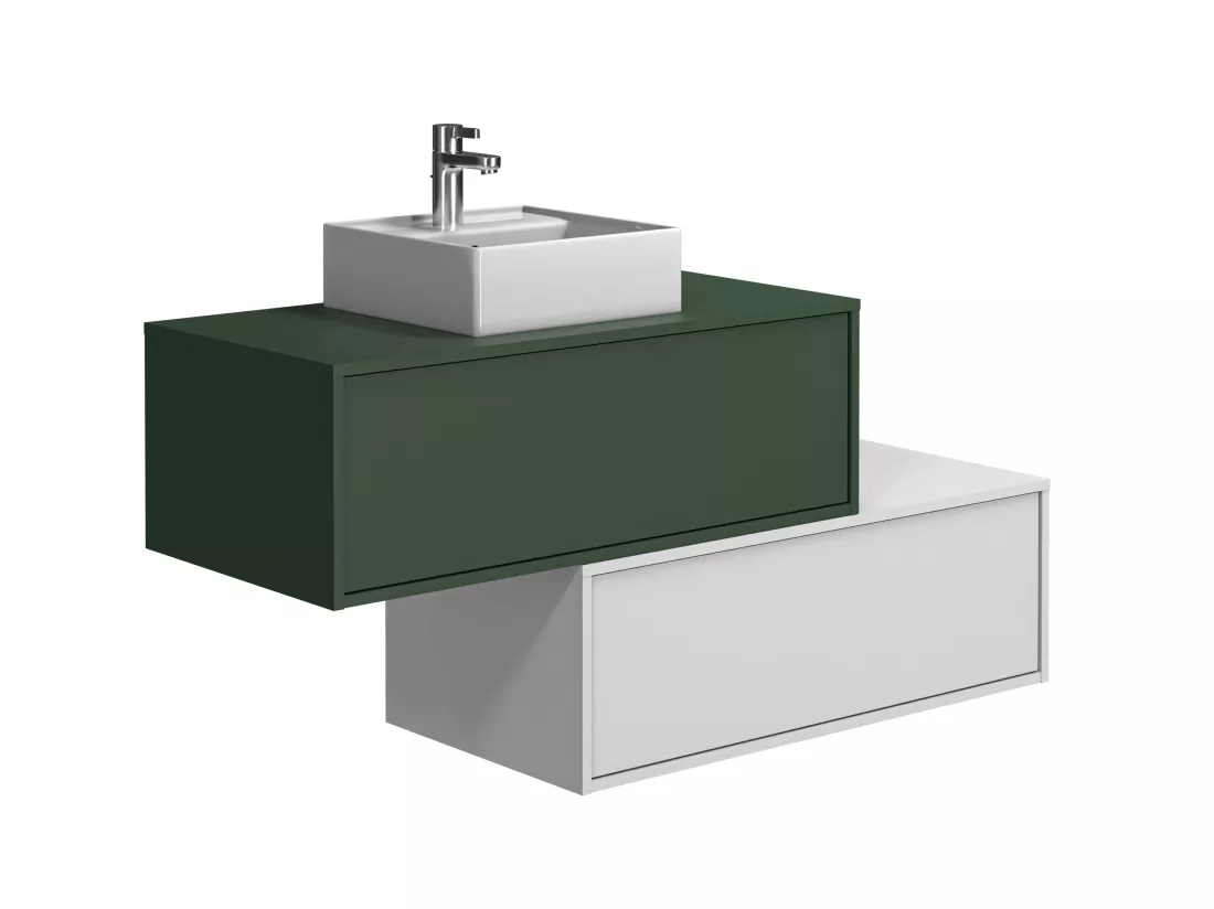 Meuble de salle de bain suspendu vert et blanc avec simple vasque carrée et deux tiroirs - 94 cm - TEANA II