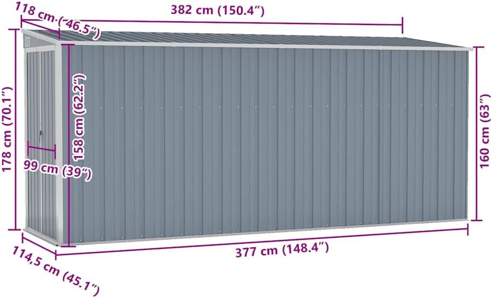 vidaXL Wand-Geräteschuppen Grau 118x382x178 cm Verzinkter Stahl