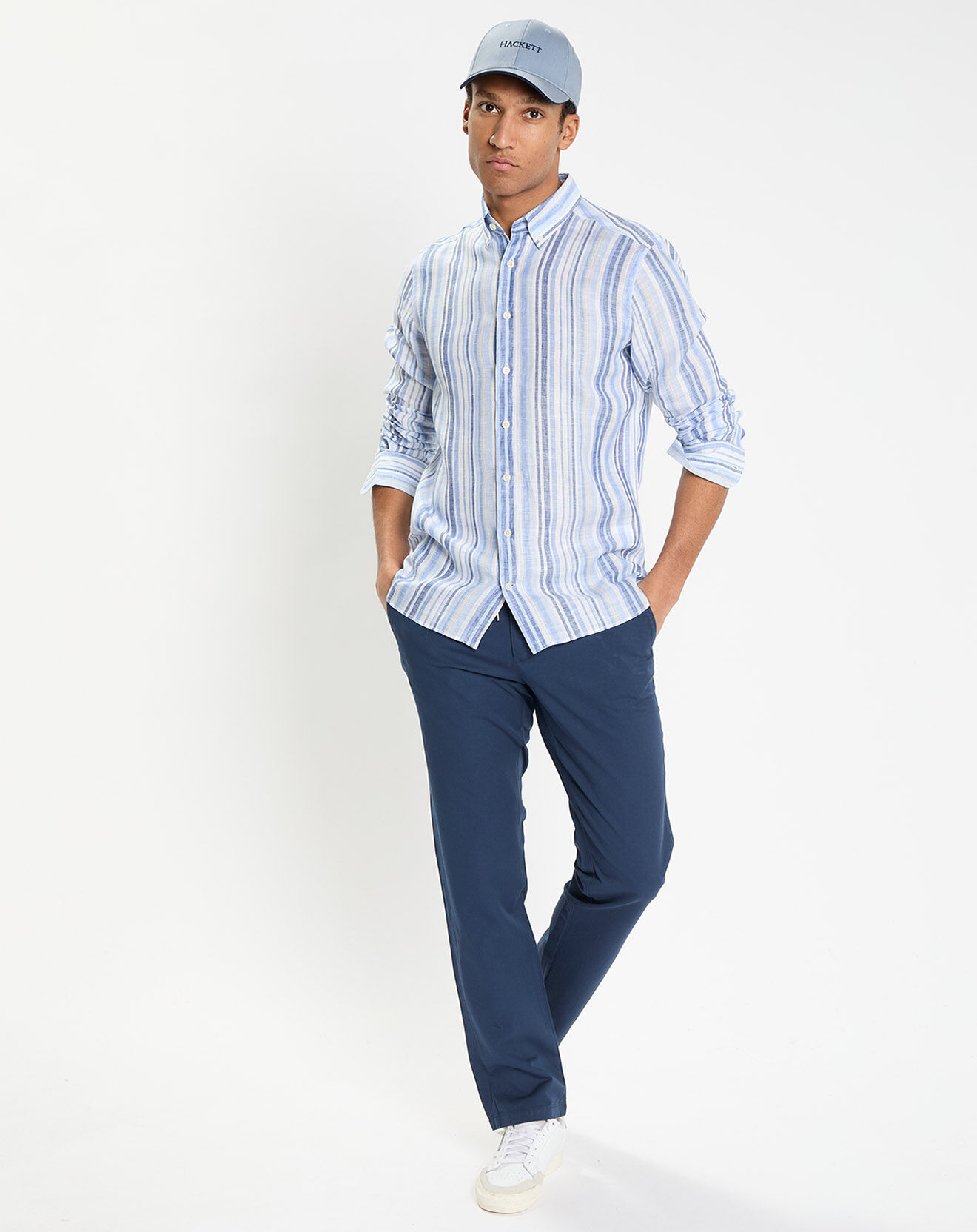 Hackett London Chemise 100% Lin Slim Fit à rayures bleue