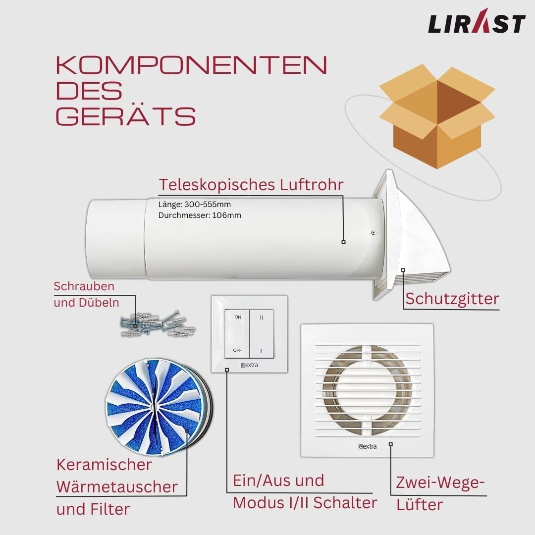 100mm Dezentrale Lüftungsanlage mit Wärmerückgewinnung - Wandlüfter mit Schalter - Lüftung mit Wärmerückgewinnung - Rekuperator mit Keramikwärmetauscher - Lufttauscher Wohnraumlüftung