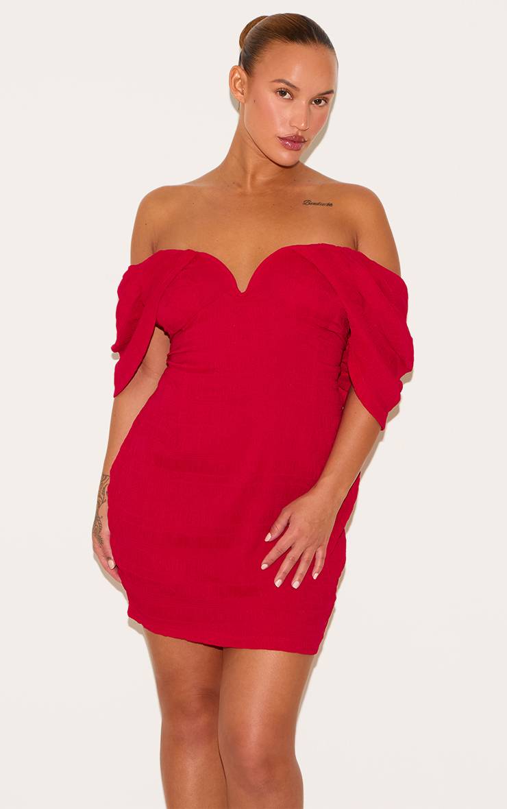 Rouge Robe Moulante Texturée Grande Taille Avec Barre En V
