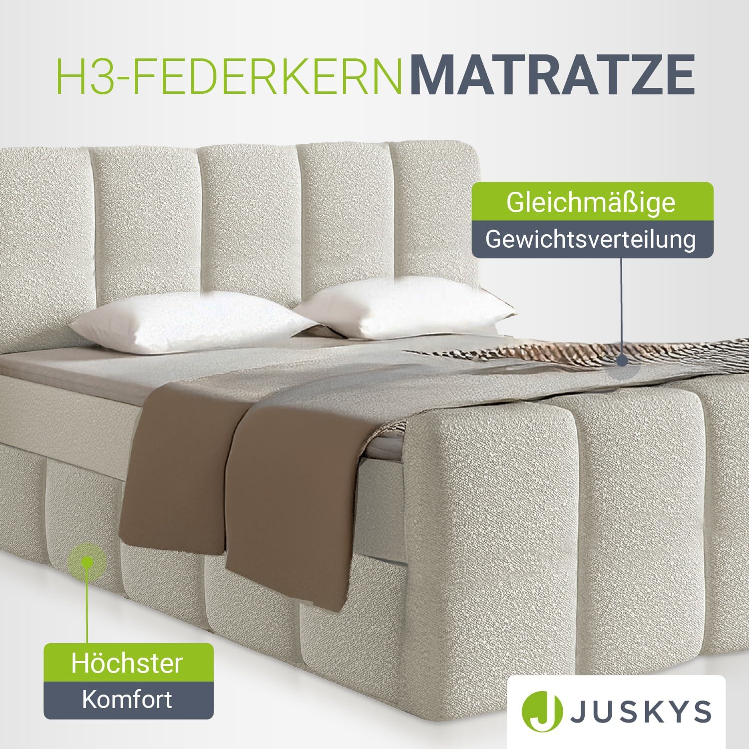 Juskys Boxspringbett Manitoba 180 x 200 cm - Modernes Design mit Bouclé-Stoff, Gepolstertes Kopfteil, Inkl. Topper - Beige