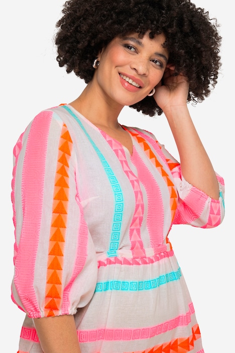 Maxikleid, A-Linie, Jacquard-Streifen, V-Ausschnitt, 3/4-Ärmel