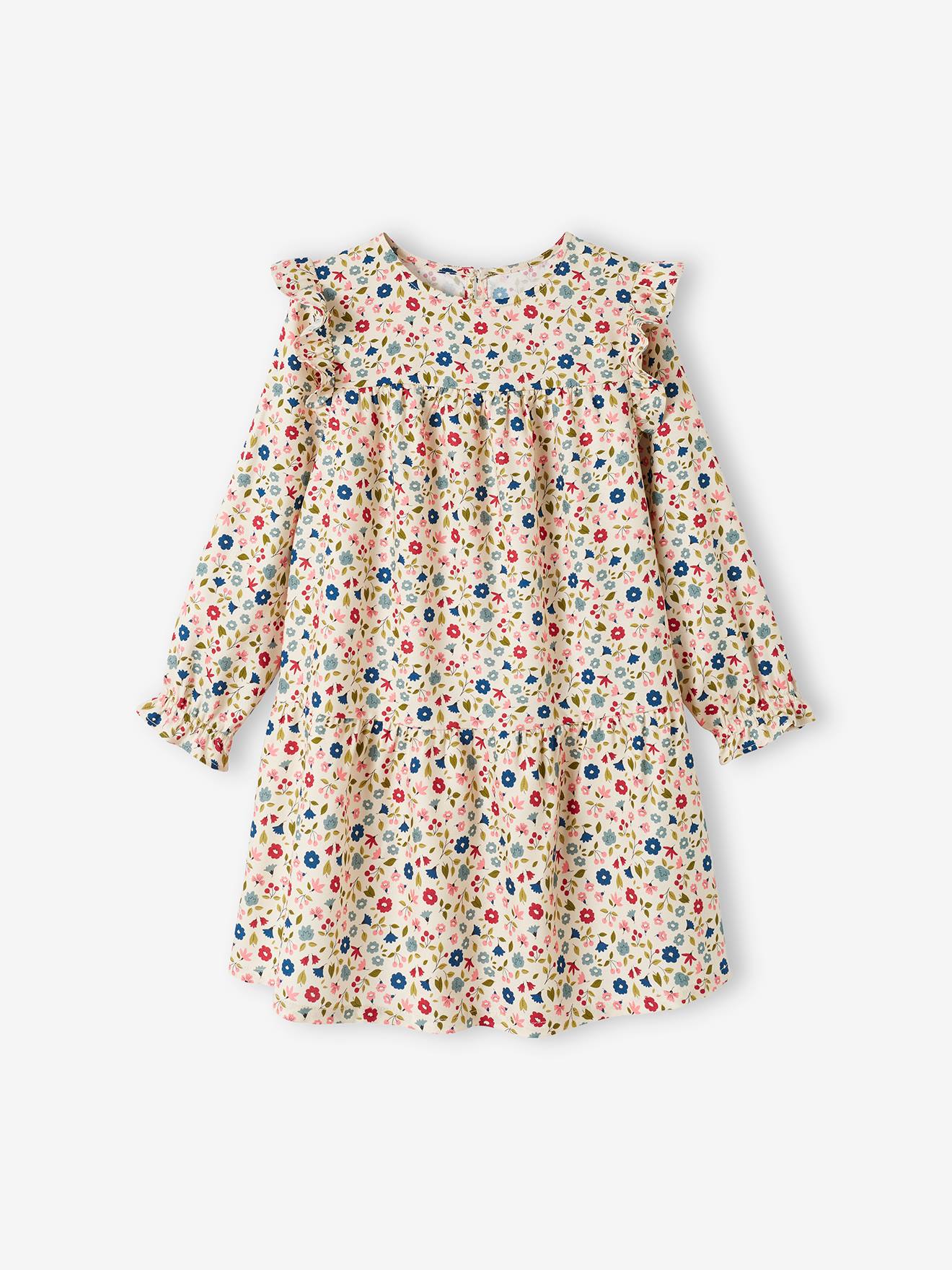 Vestido fluido com babados e motivos florais, para meninas, azul escuro