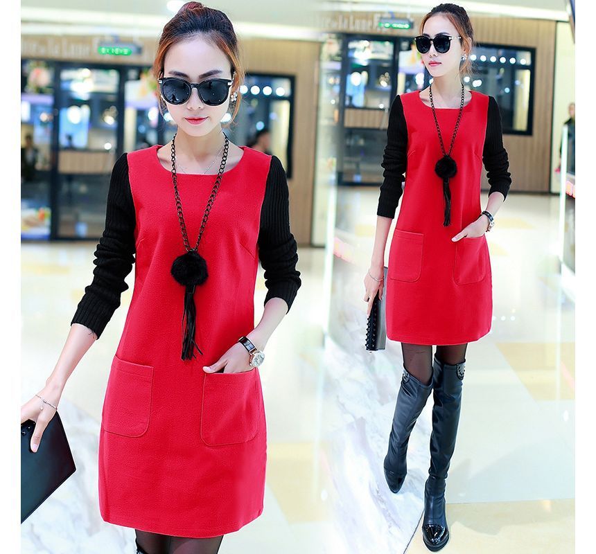 Enpheriado - Mock Two-Piece Long-Sleeve Two-Tone Mini A-Line Dress