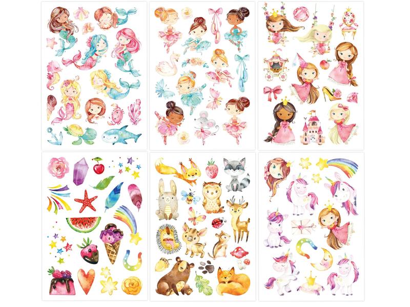 Papierdrachen Tattoo Set Einhorn, Meerjungfrau, Prinzessin 6 Bögen