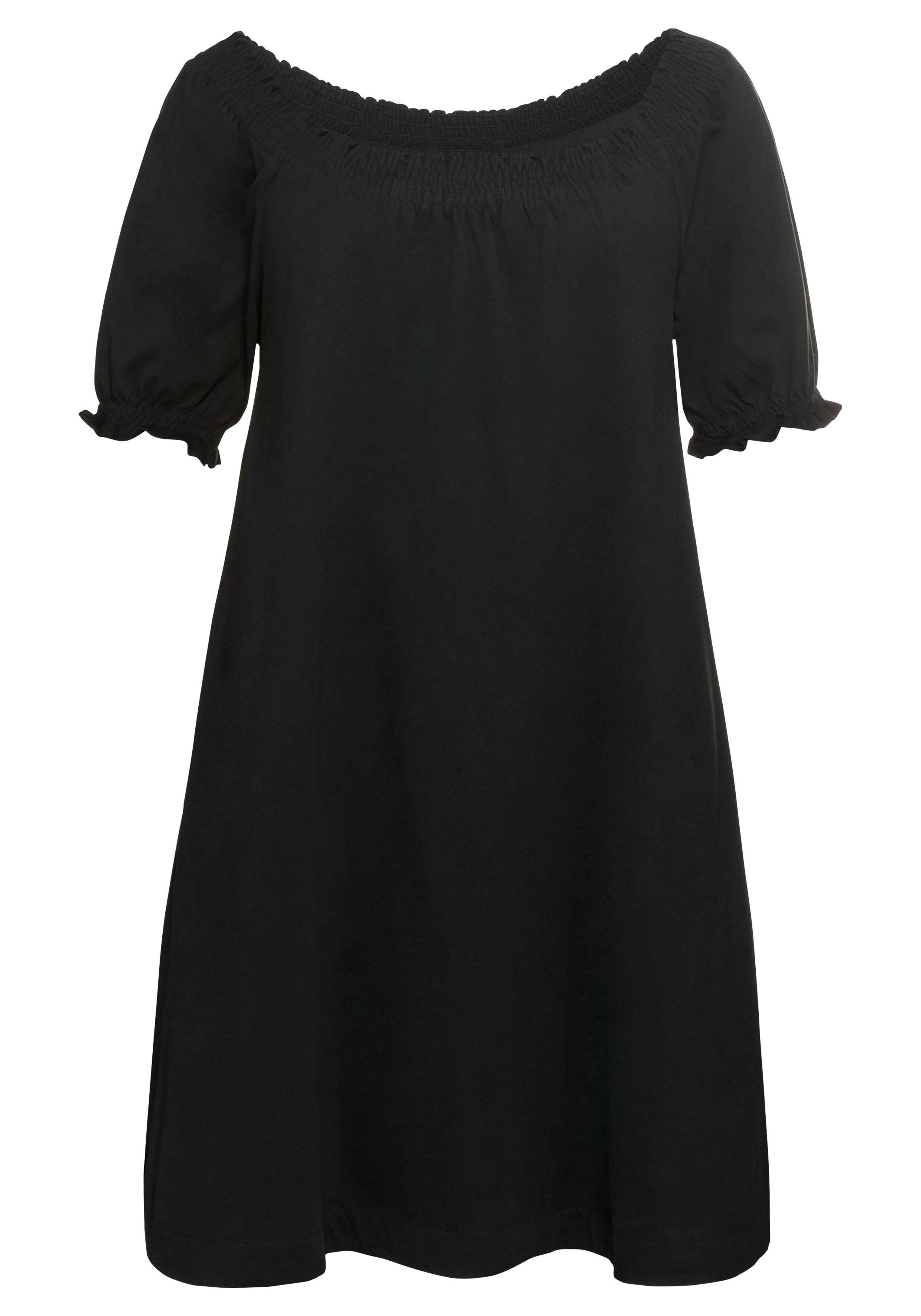 Jerseykleid mit Smok-Ausschnitt und Puffärmeln