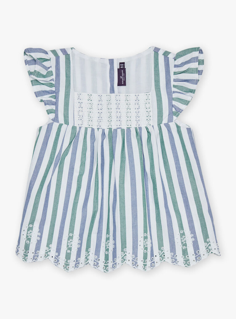 Blouse écrue volantée à rayures bleu et vert