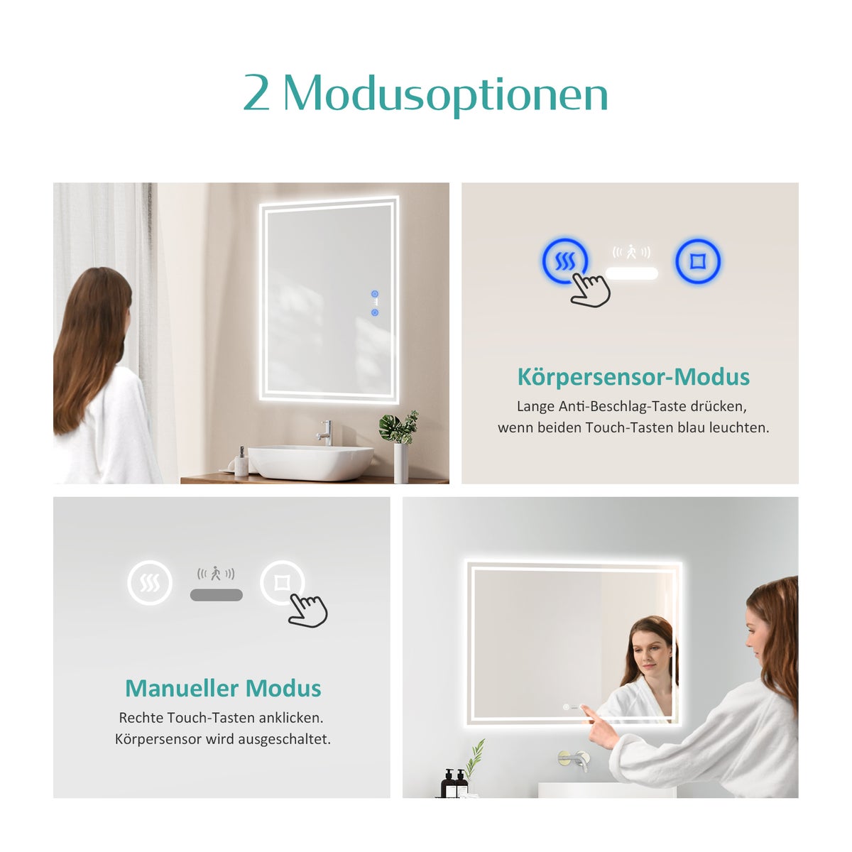 EMKE Badkamerspiegel met verlichting, LED-spiegel met aanraakschakelaar en sensor, anti-condens, 80 x 60 cm, koud wit/warm wit/neutraal wit