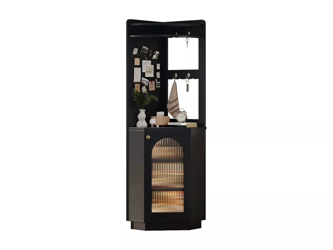 Colone d'angle de salle de bain - avec 1 porte - avec crochet - avec LED - étagères réglables - Noir