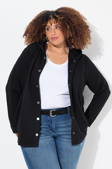 Hoodie-Jacke, Zopfmuster, Druckknöpfe, hinten länger
