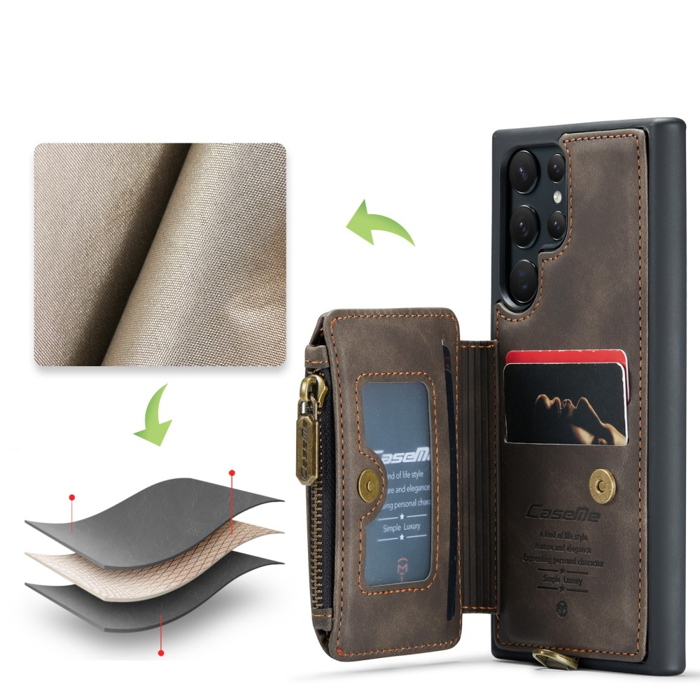 Samsung Galaxy S23 Ultra 5G Leder Schutzhülle mit Münzbeutel   3 Kartenfächern - Dunkelbraun