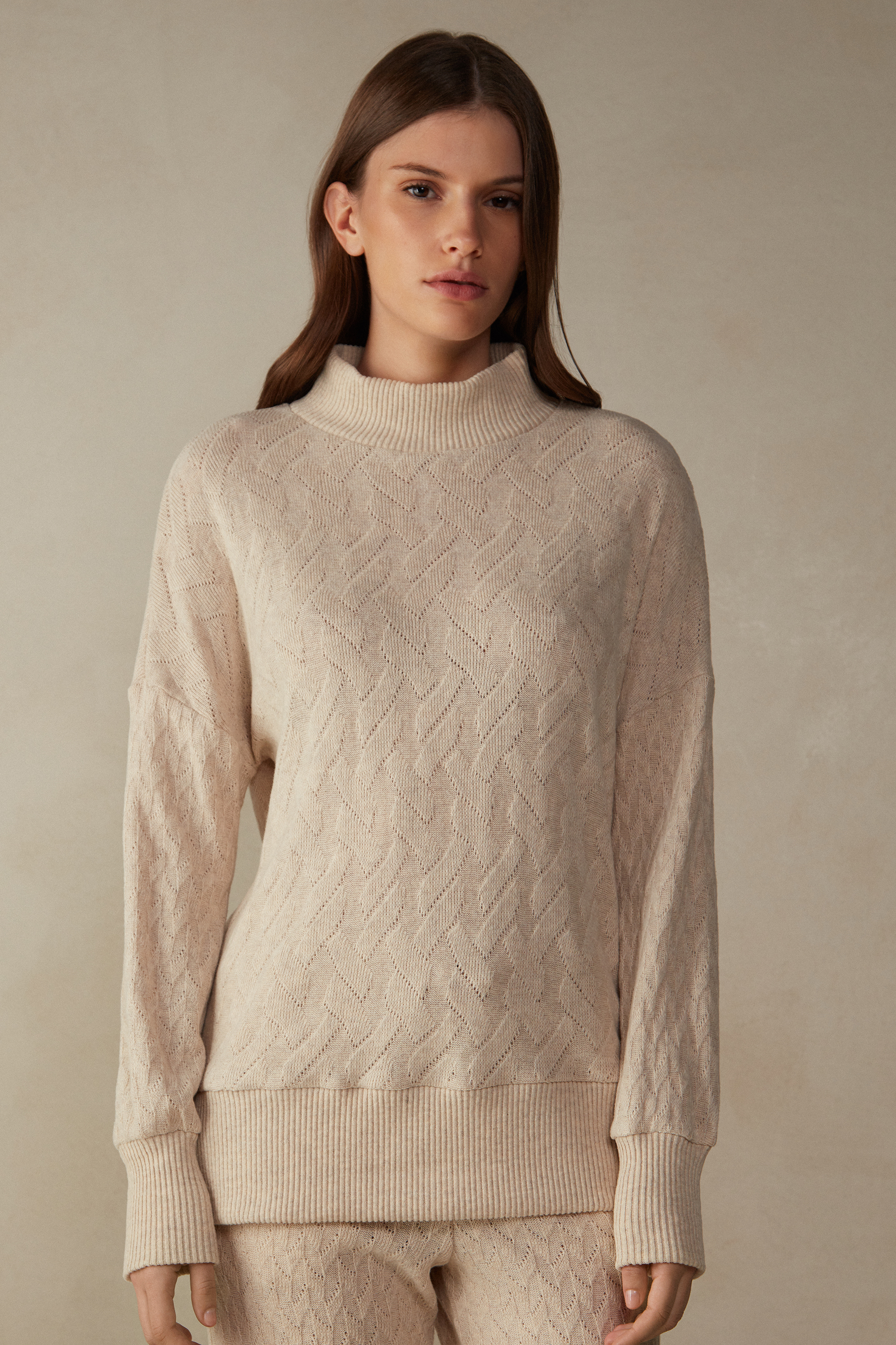 Camiseta de manga comprida com estampa trançada de inverno em jacquard