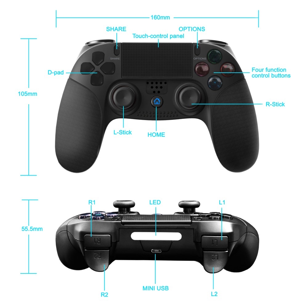 Wireless Gyroscope Game Controller Joystick Touchpanel für PC / Sony Playstation PS4 / PS3 - Schwarz