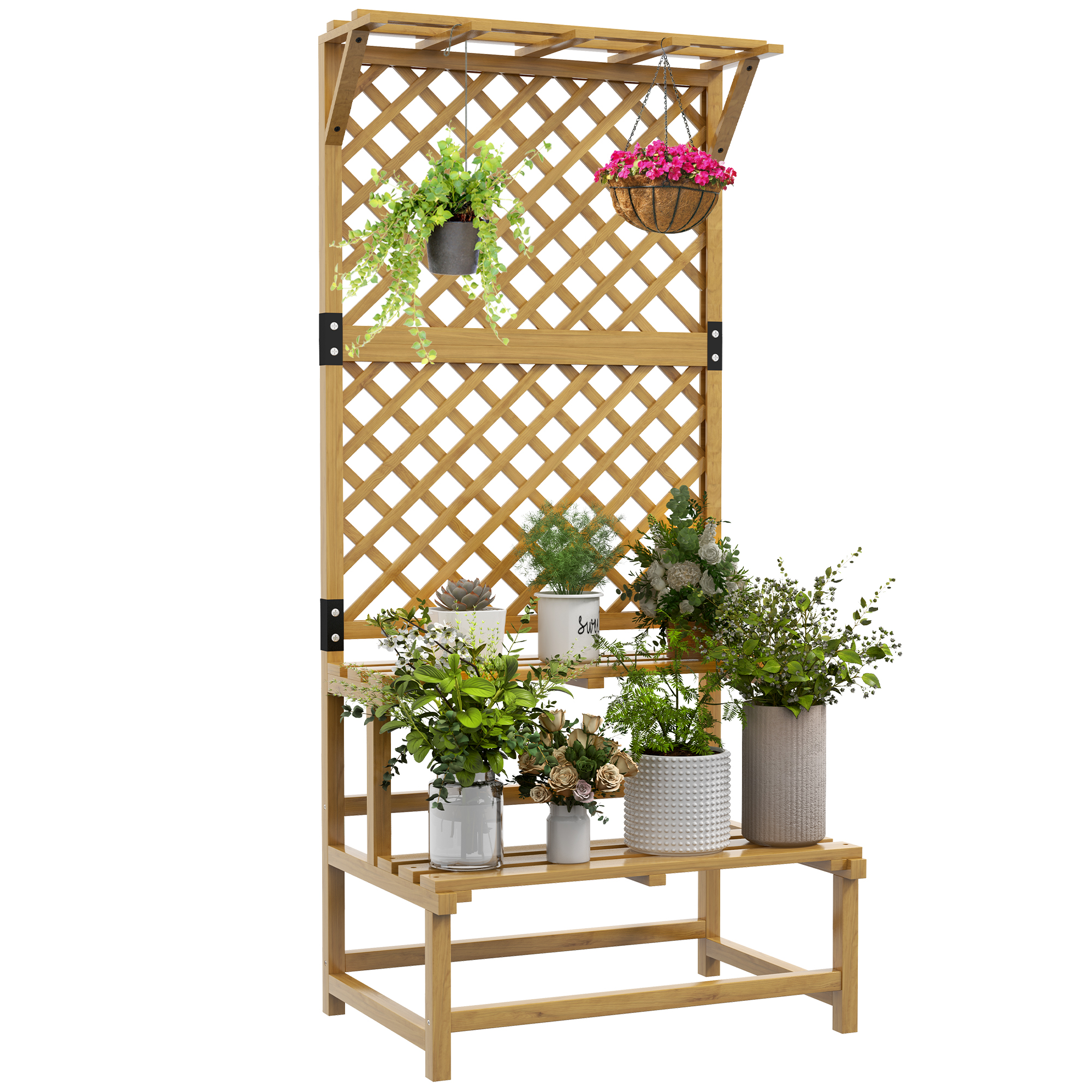 Suporte de madeira para plantas Outsunny, suporte para vasos de flores de 2 níveis com treliça para jardim, pátio, terraço e varanda, 75x50x166 cm, natural.
