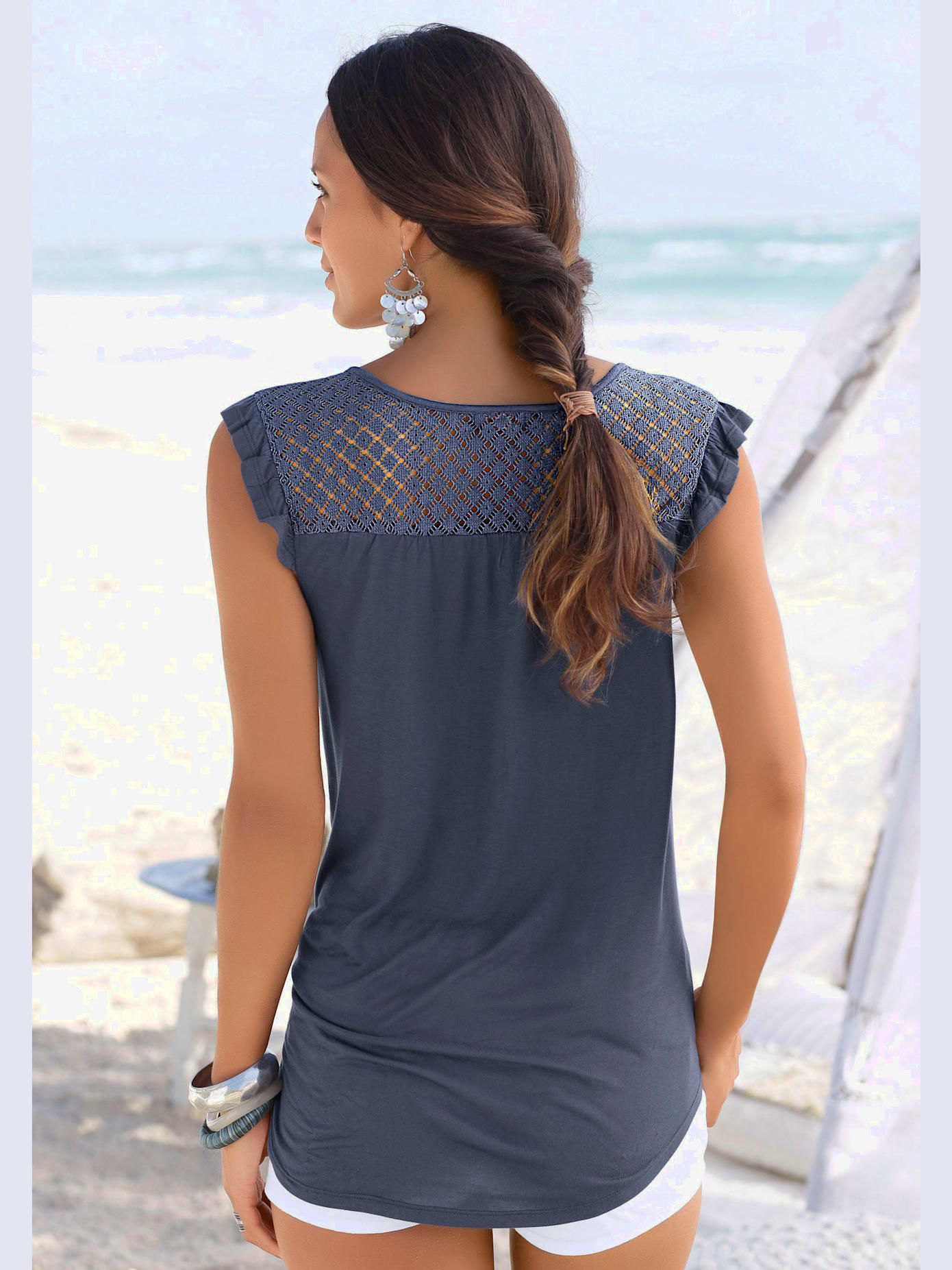 T-shirt de plage encolure avec fente et lien à nouer