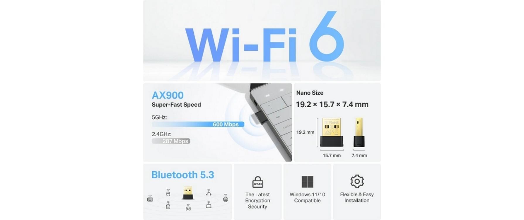 WLAN-AX USB-Stick Archer TX10UB Nano Wi‑Fi 6 BT 5.3AX900 Nano Wi‑Fi 6 Bluetooth 5.3 USB‑Adapter
