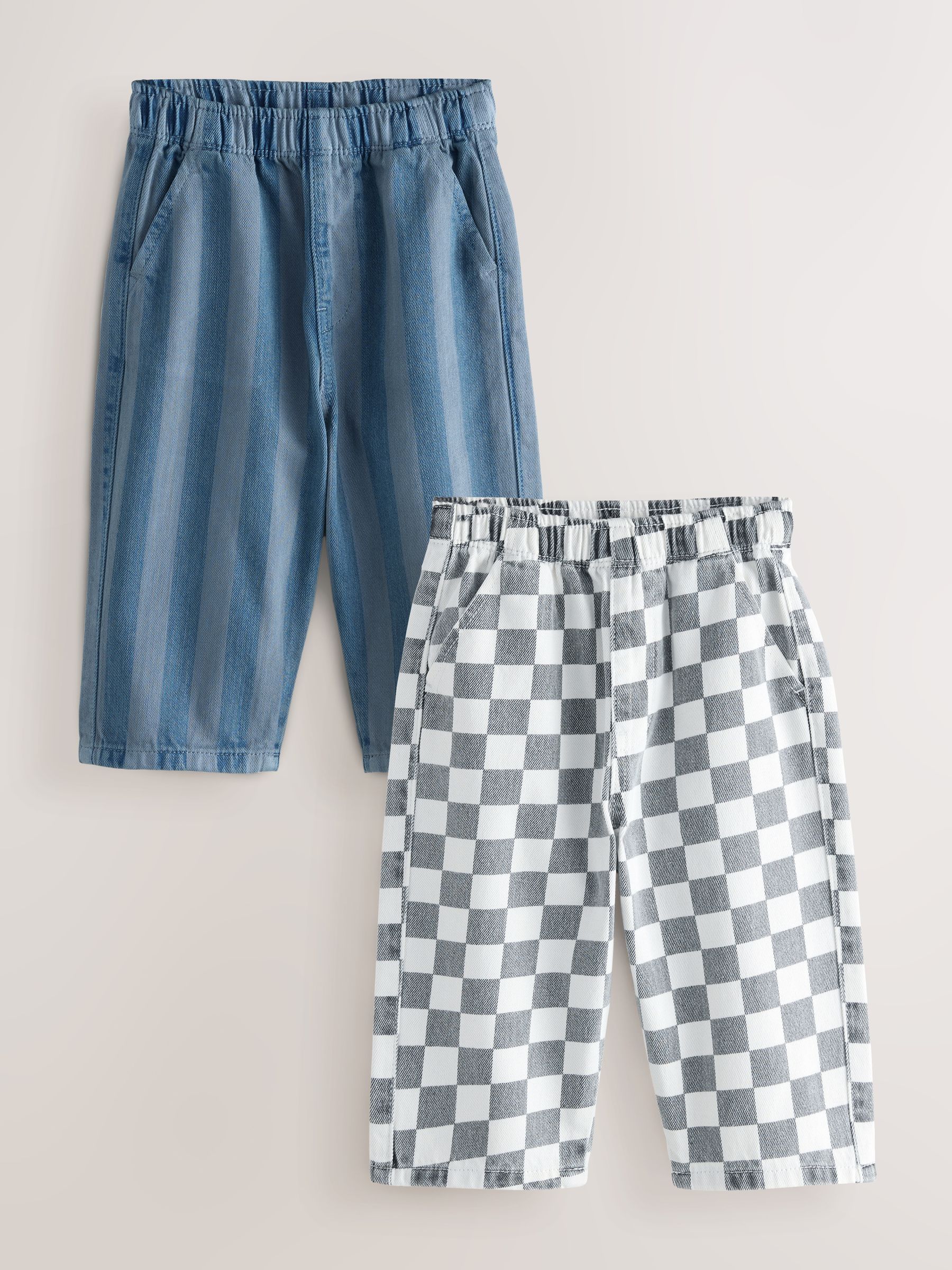 Dambordmotief/Blauwe Strepen - Set van 2 wijde broeken met elastische taille (3mnd-7jr)